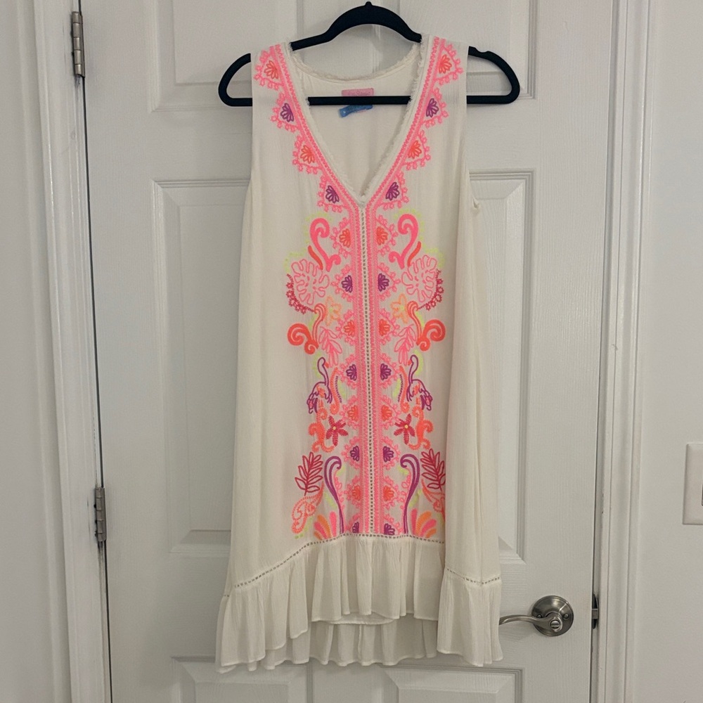 Lilly Pulitzer Cream Sleeveless Dress with Pink and Orange Embroidery